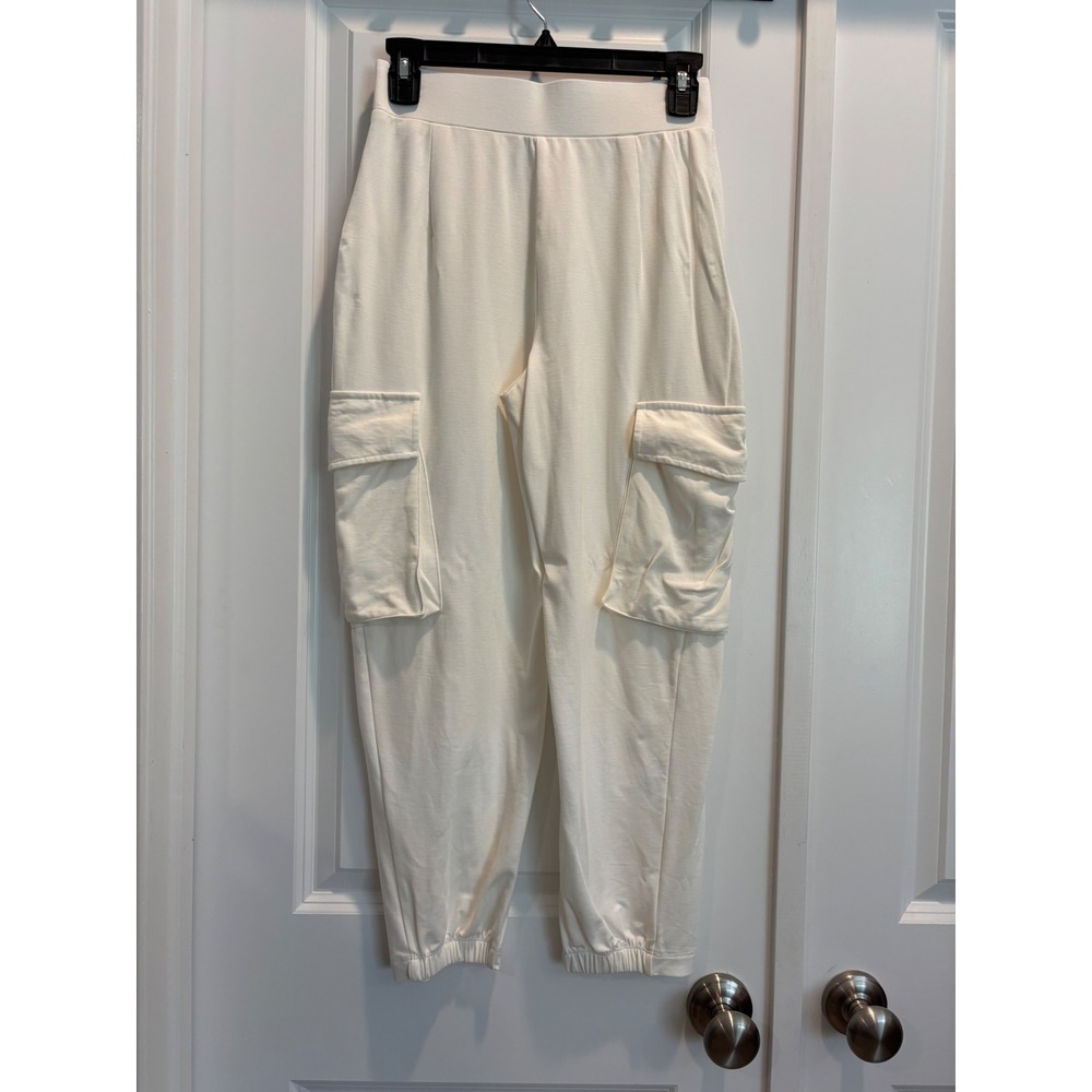 Wynne Layers Womens Cream Cargo Crop Pants XS Off White Elastic Waist Stretch - Picture 3 of 7